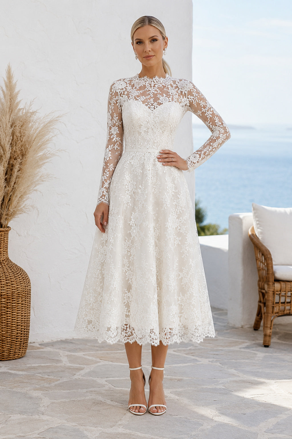 Ivory Bateau Long Sleeve Lace Tea Length Wedding Dress for Wedding Reception and Party Style MG_700964 front view