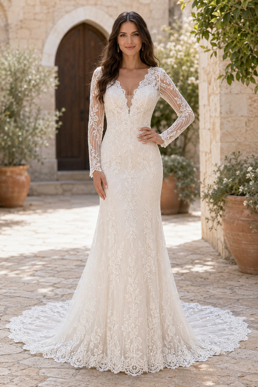 Ivory Long Sleeve Mermaid Lace Wedding Dress with Plunging V-Neck and Low Back front view