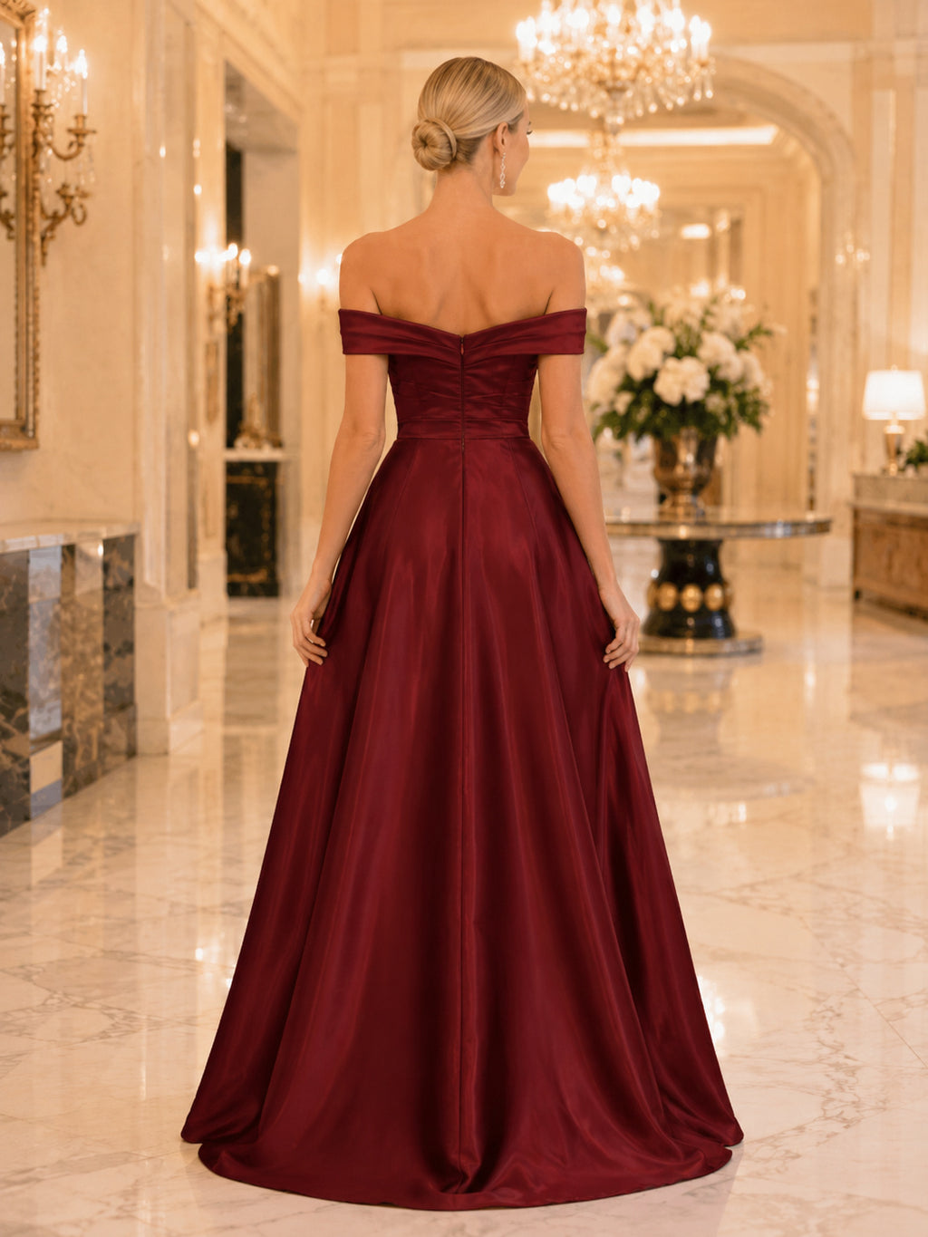Burgundy Off-the-shoulder Satin A-Line Evening Gown back view