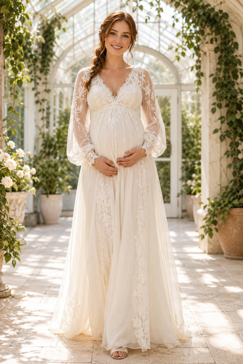 Ivory Maternity V-Neck Long Sleeve Lace A-Line Wedding Dress with Chiffon Skirt front view