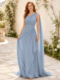 Steel Blue One-Shoulder Cape Chiffon A-Line Floor-Length Wedding Gown front view