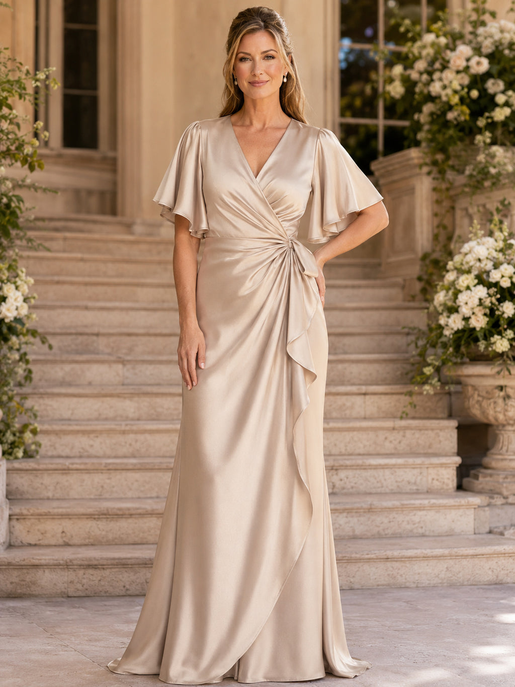 Champagne Modest V-Neck Satin A-Line Floor-Length Mother of the Bride Wrap Gown with Flutter Sleeves and Draped Sash front vi