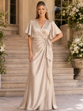 Champagne Modest V-Neck Satin A-Line Floor-Length Mother of the Bride Wrap Gown with Flutter Sleeves and Draped Sash front vi