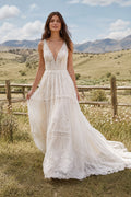 Ivory Deep V Boho Lace A-Line Wedding Dress with Tiered Skirt and Sweep Train front view