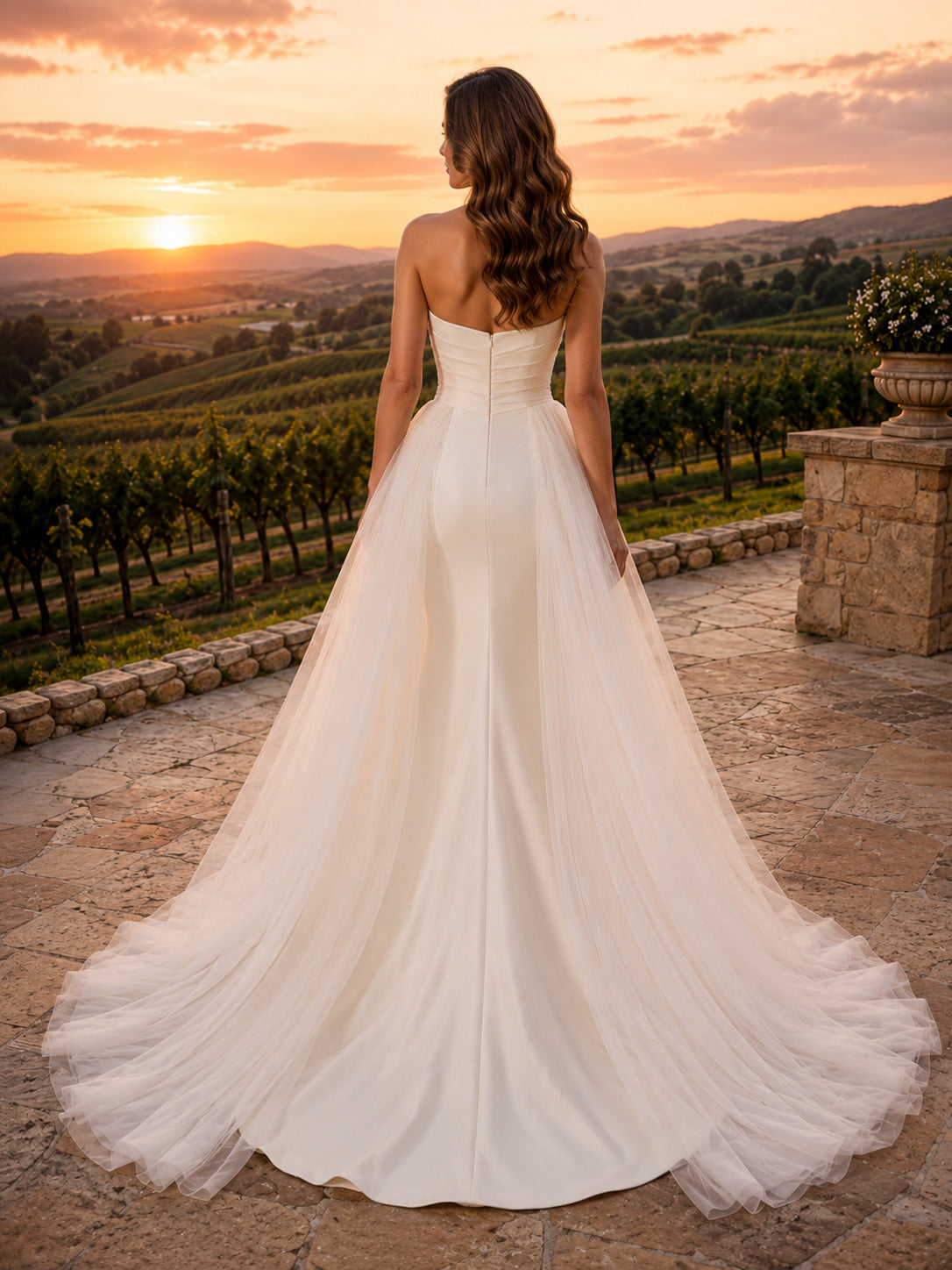 Country Satin Wedding Dress A-Line Strapless Floor Length with Slit Low V Back Bridal Gown back view
