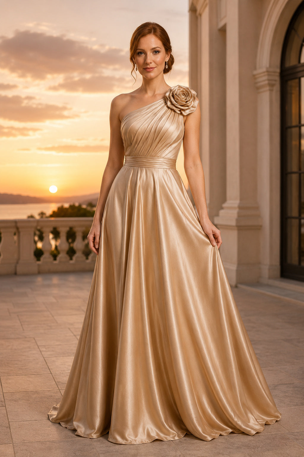 Champagne One-Shoulder Satin A-Line Formal Dress front view