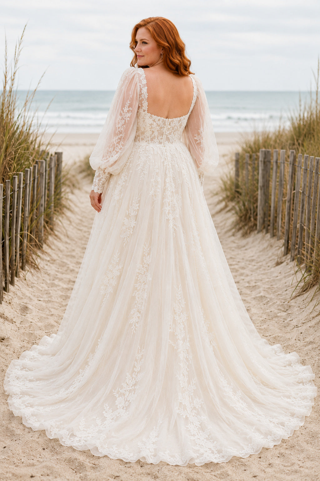 Ivory Plus Size Square Neck Long Sleeve Lace A-Line Wedding Dress with Full Tulle Train back view