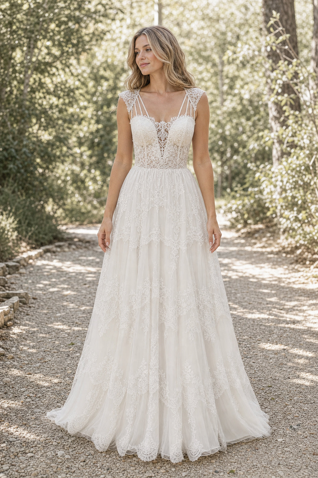 White Illusion A-Line Chiffon Floor-length Wedding Dress With Front Slit and Beaded Waist Lace Hem Detail