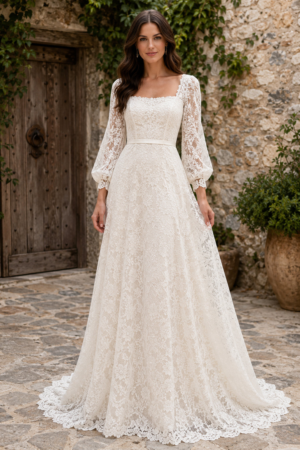 Square Neck Long Sleeve A-Line Wedding Dress with Lace Overlay and Sweep Train for Beach Garden Ceremony front view