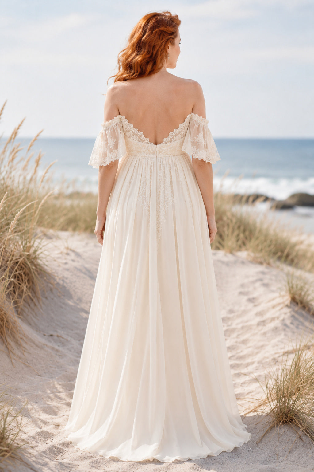 Ivory Off-the-Shoulder Chiffon Maternity Wedding Dress with Lace Trim back view
