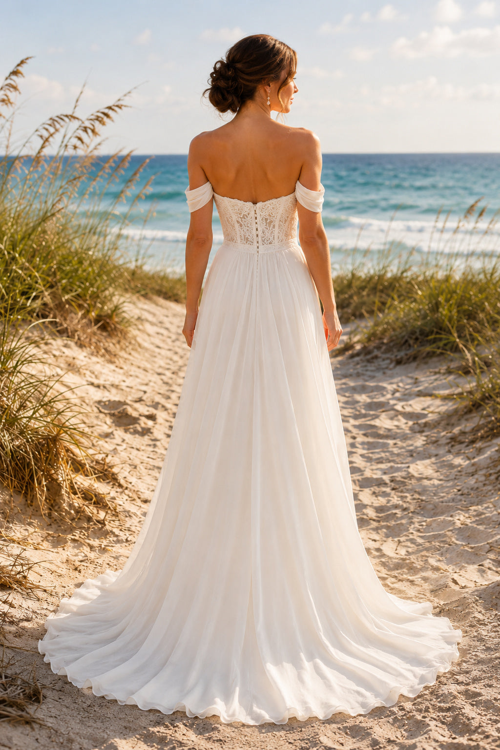 Ivory Off Shoulder Sweetheart Chiffon A-Line Wedding Dress Split Train for Bridal Ceremony and Reception back view