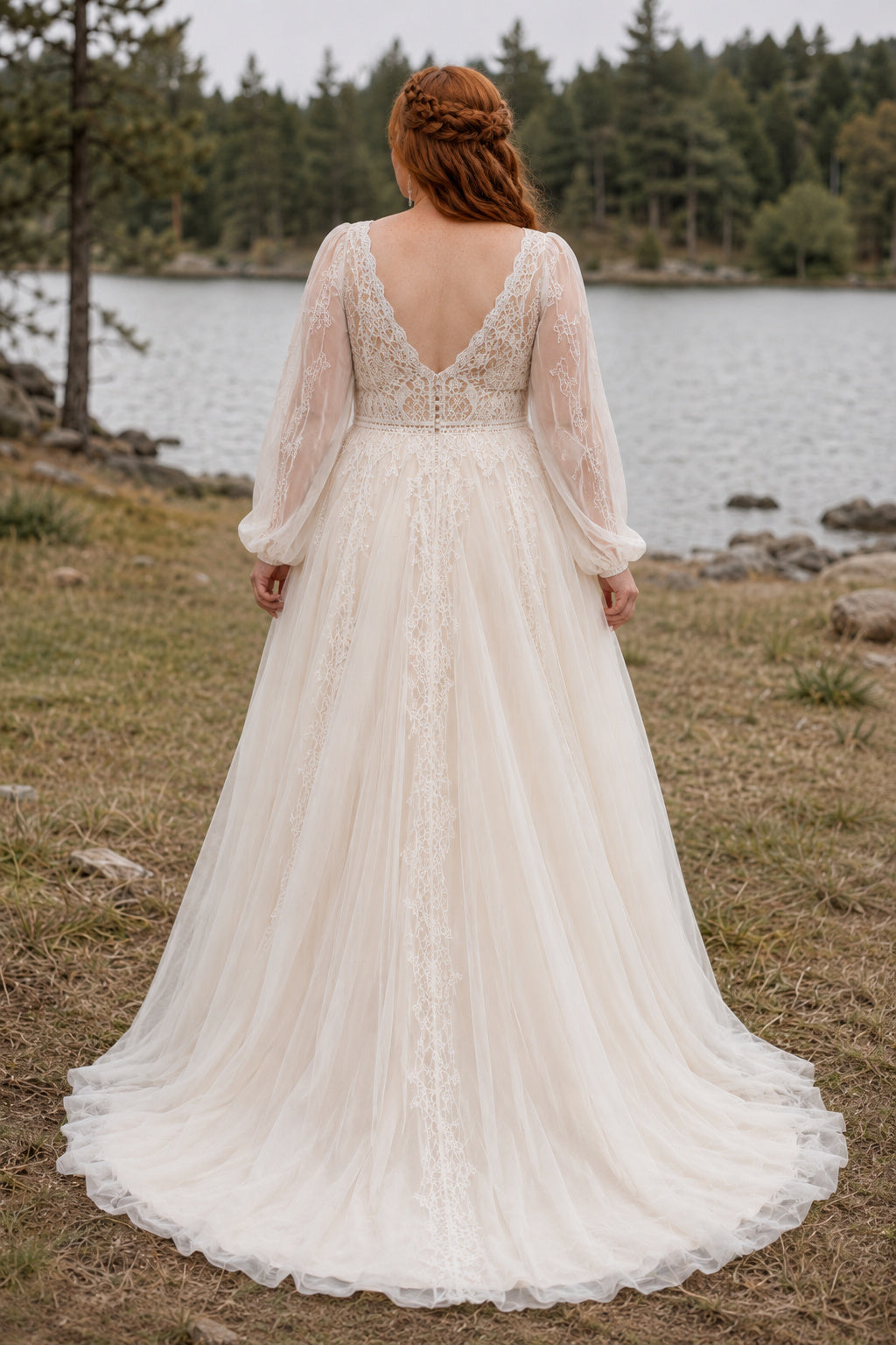 Plus Size Long Sleeve V-Neck Lace A-Line Wedding Dress with Tulle Skirt back view