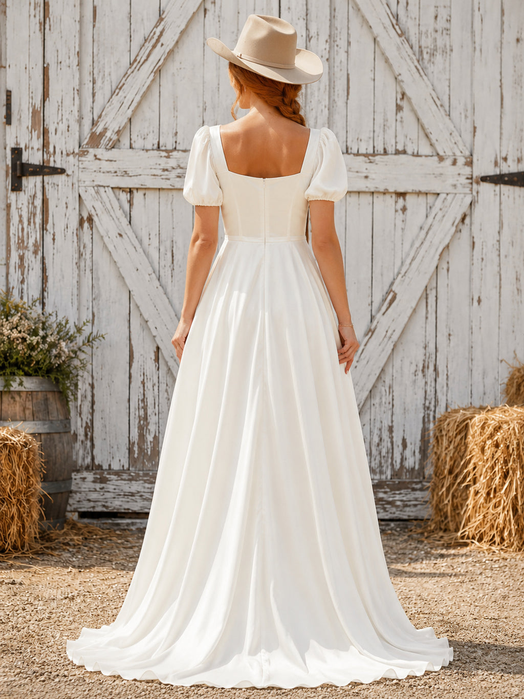 Country Simple Romantic Vintage A-Line Satin Chiffon Wedding Dress with Square Neck Puff Sleeves Short Sleeve Floor-Length Tr