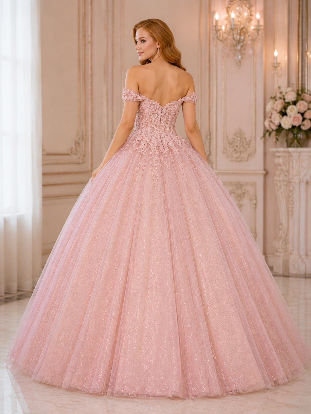 Blushing Pink Luxury Off Shoulder Corset Applique Glitter Tulle Quinceanera Ball Gown back view
