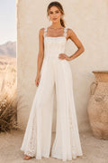 Ivory Square Neck Lace Strap Bridal Jumpsuit with Split Chiffon Panels front view