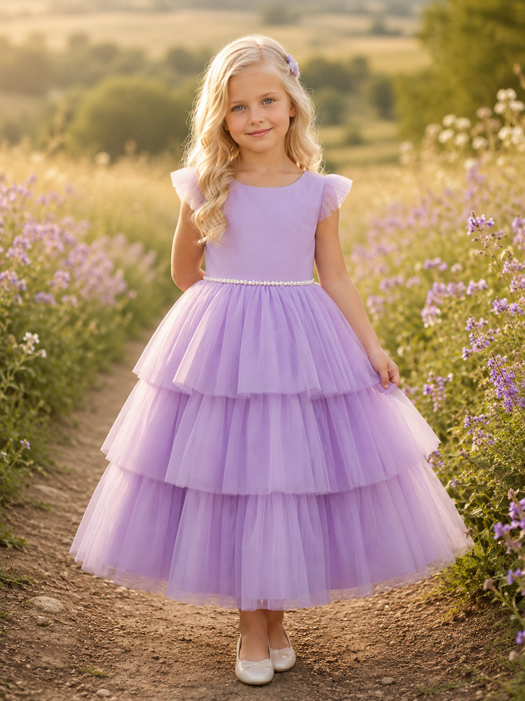 Lavender Petal Sleeve Tiered Tulle A-Line Tea-Length Pearl Flower Girl Garden Wedding Dress front view