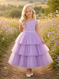 Lavender Petal Sleeve Tiered Tulle A-Line Tea-Length Pearl Flower Girl Garden Wedding Dress front view