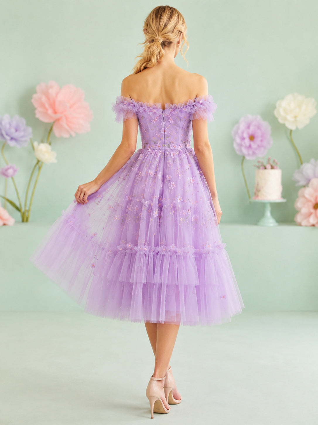 Lilac Off Shoulder Tiered Tulle Birthday Party Dress back view