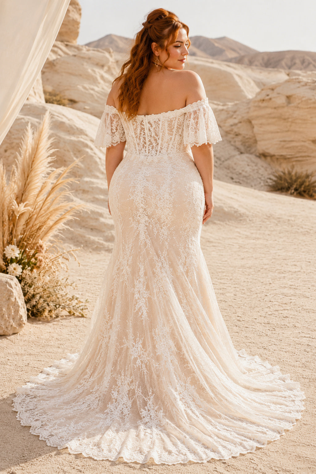 Plus Size Off-the-Shoulder Boho Lace Mermaid Wedding Dress with Short Sleeves back view