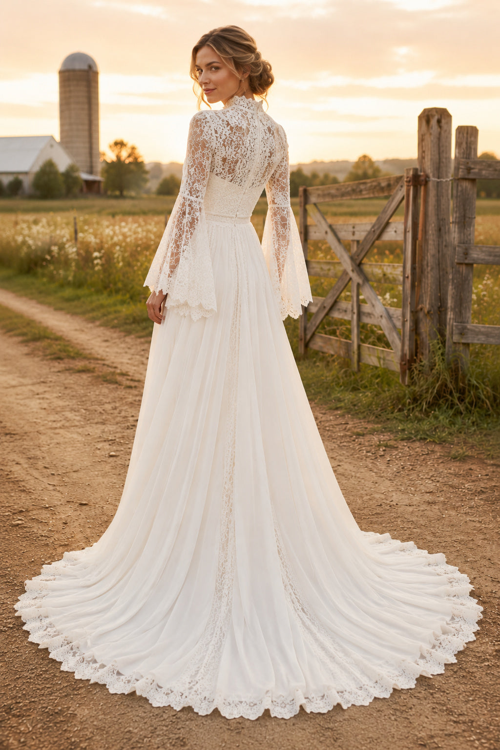 High Neck Long Sleeve A-Line Wedding Dress with Lace Bodice and Chiffon Train for Rustic Garden Ceremony Style MG_700728 back