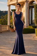 Navy Scoop Neck Floor-Length Jersey Mermaid Dress