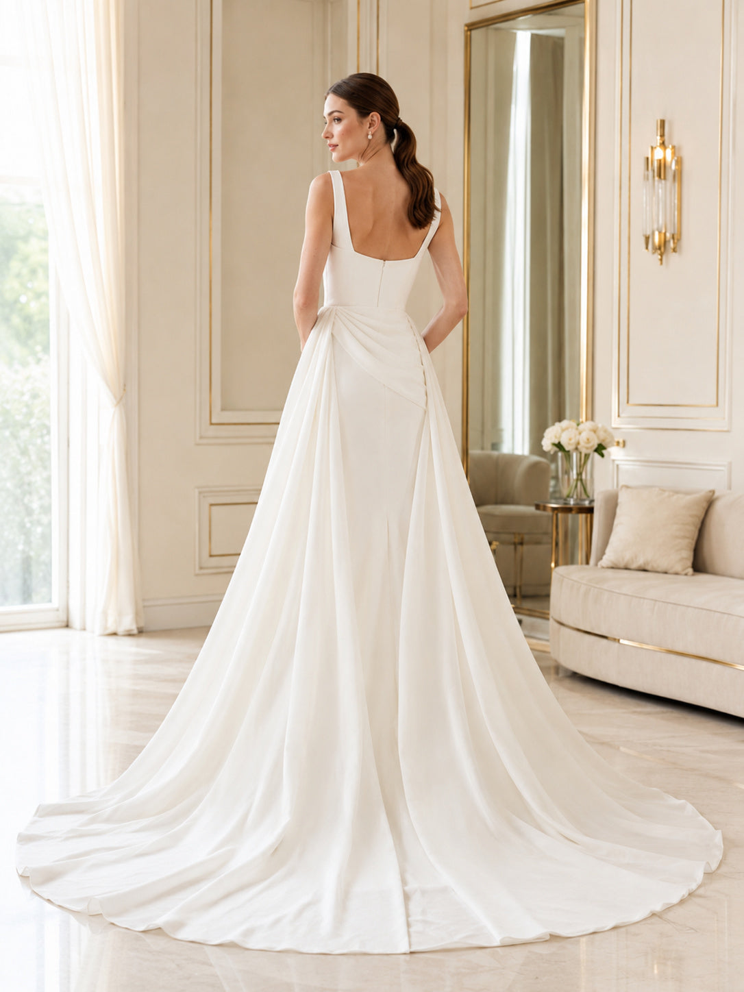 Satin Wedding Dress A-Line Square Neck Sleeveless Court Train with Slit Bridal Gown back view