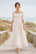 Square Neck Tea-Length Tulle Wedding Dress with Puff Sleeves and Lace Trim front view