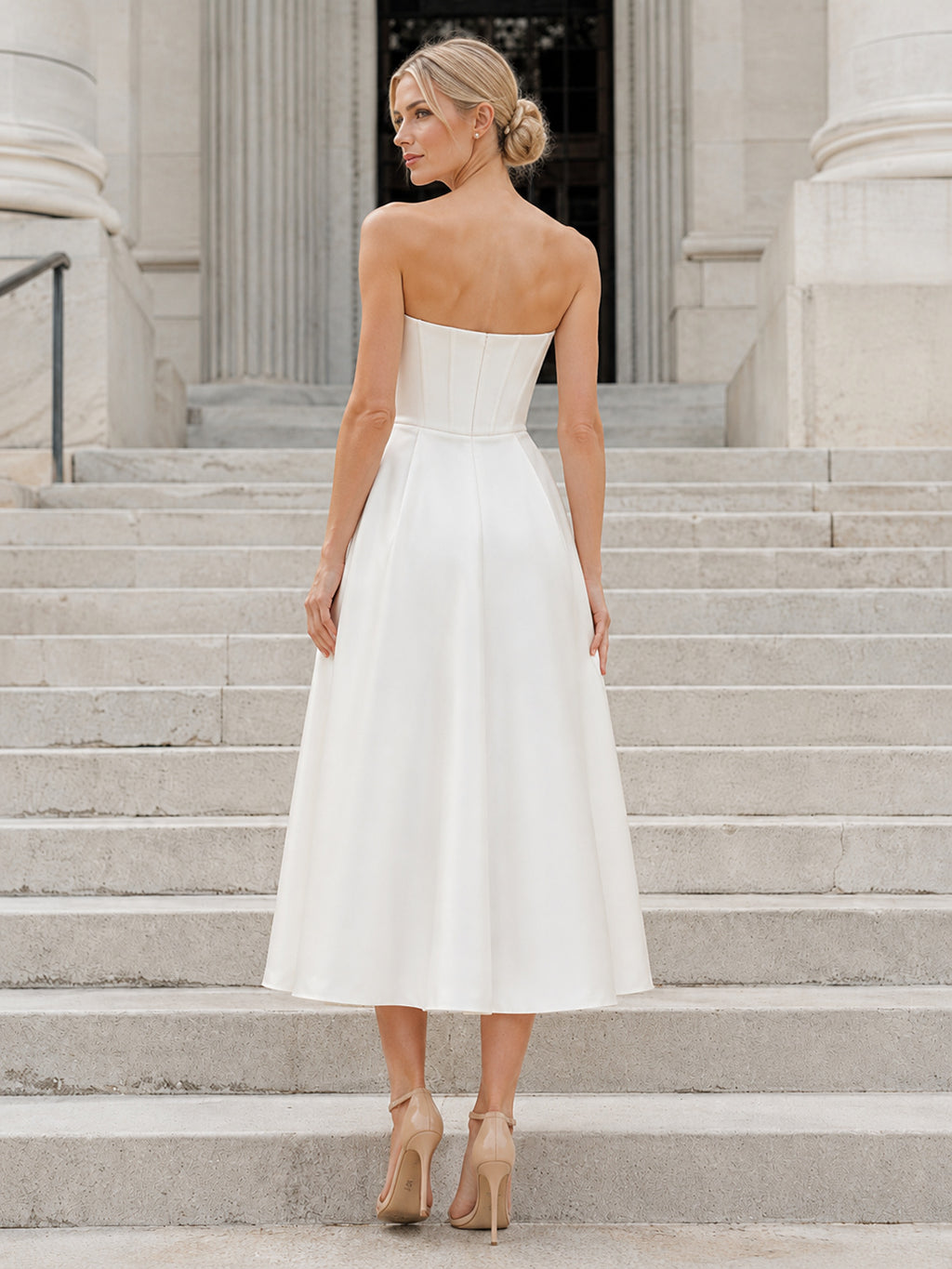 Strapless Cowl Midi Satin City Hall Elopement Dress back view