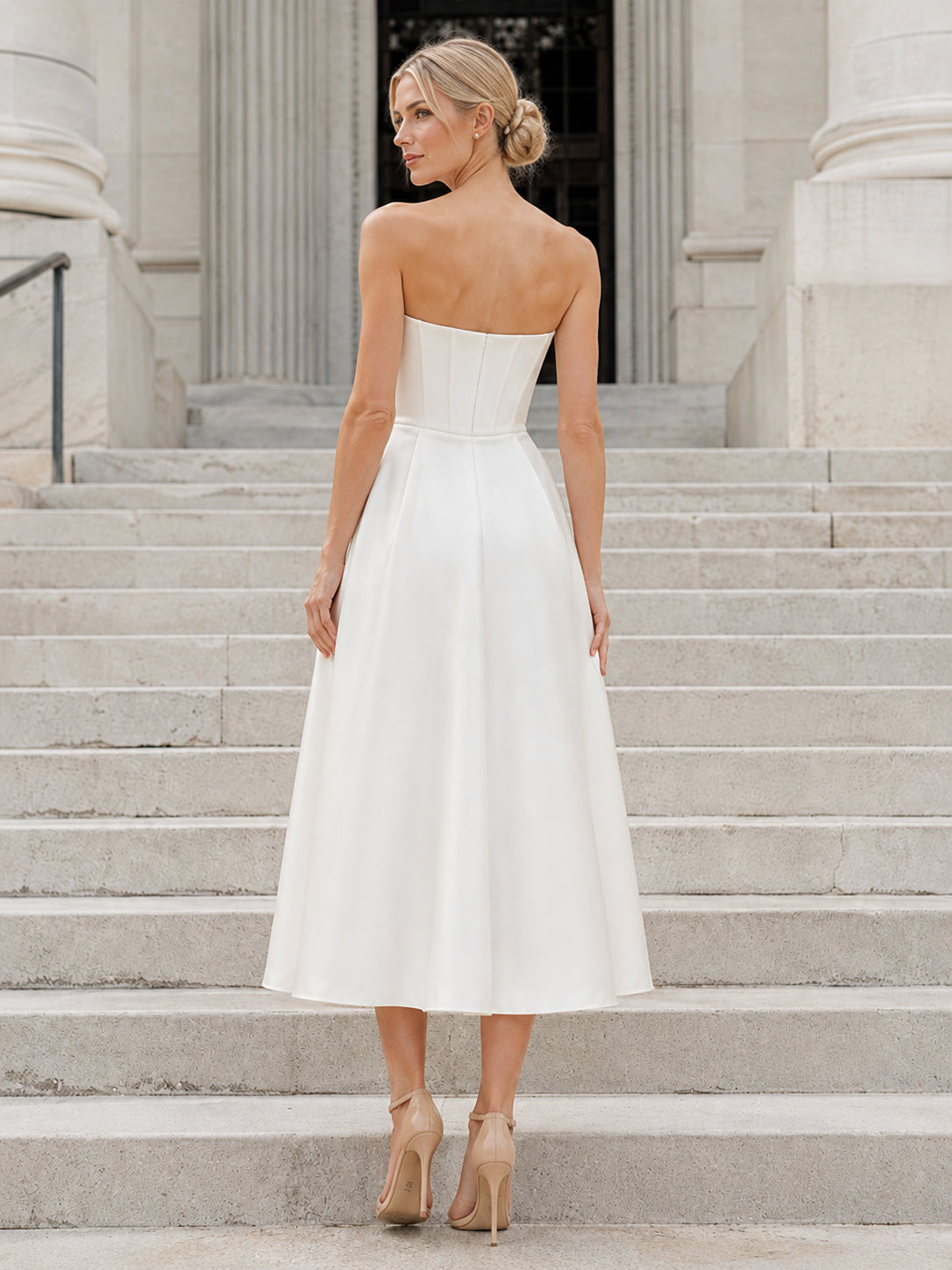 Strapless Cowl Midi Satin City Hall Elopement Dress back view