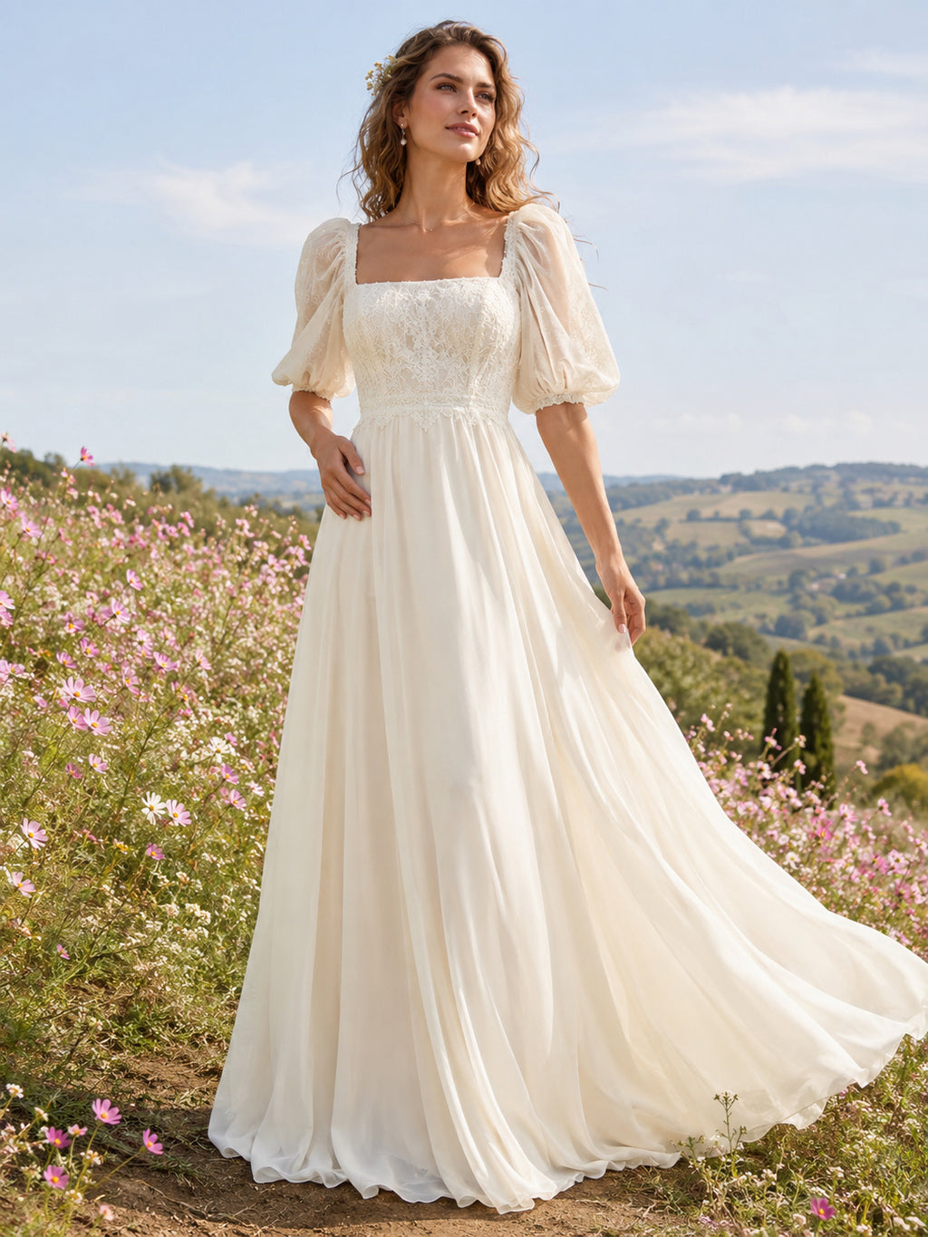 Square Neck Puff Sleeve Chiffon Boho Outdoor Wedding Dress front view