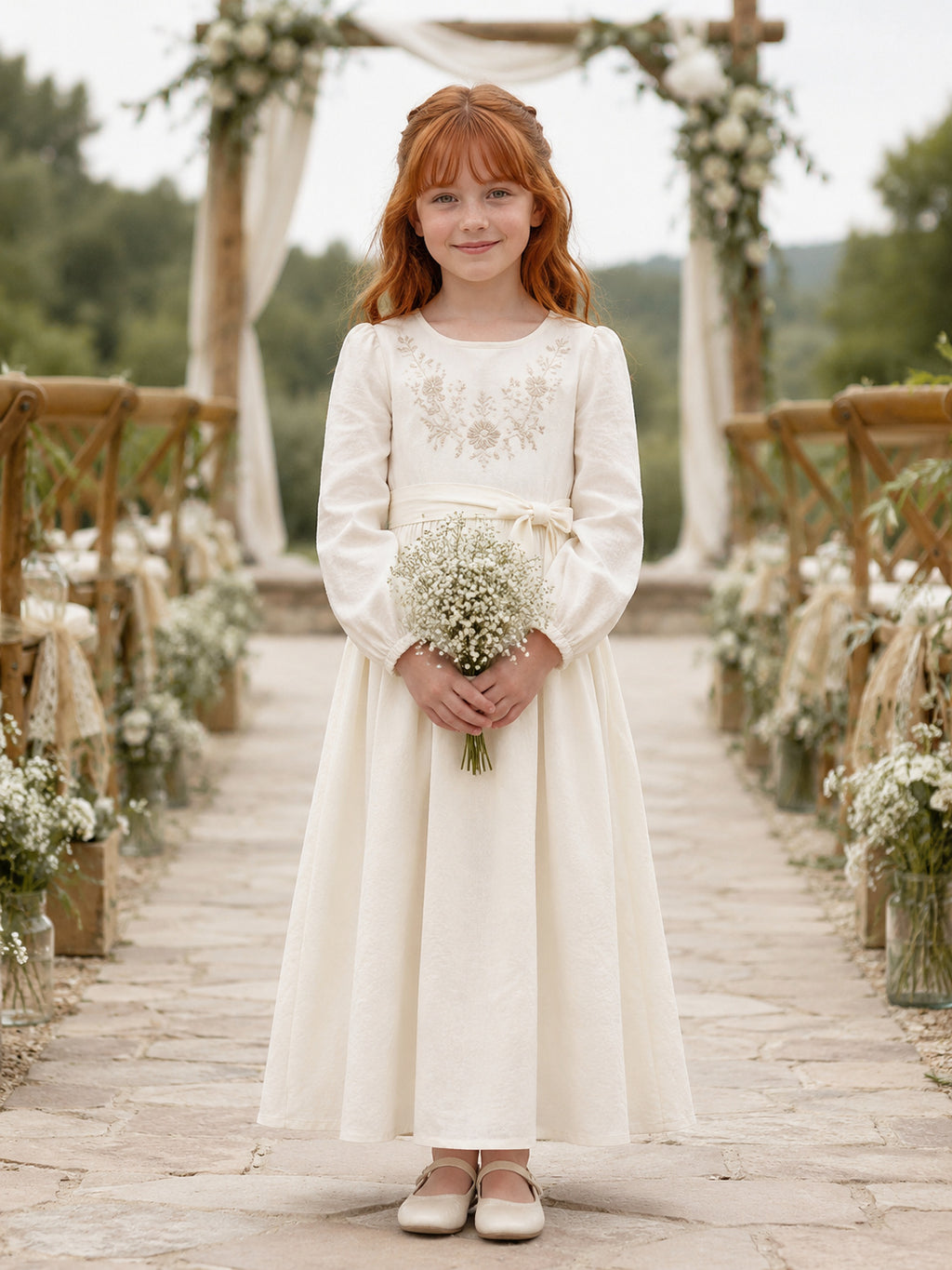 Ivory Long Sleeve Floral Bow Satin A-Line Flower Girl Dress with Floor-Length Skirt front view