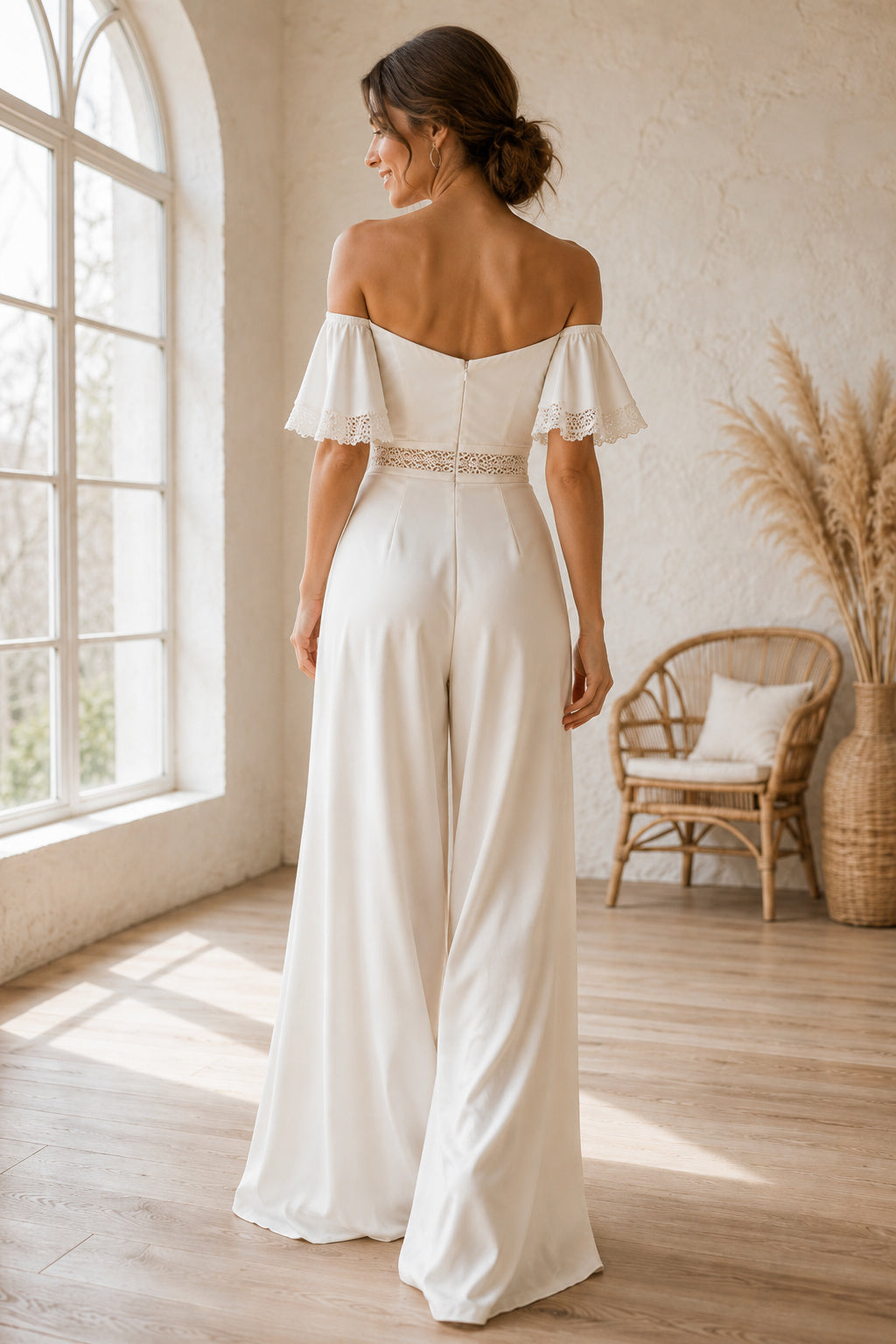 Ivory Off-the-Shoulder Sweetheart Flutter Sleeve Satin Floor-Length Bridal Jumpsuit with Flutter Sleeves and Simple Wide Leg
