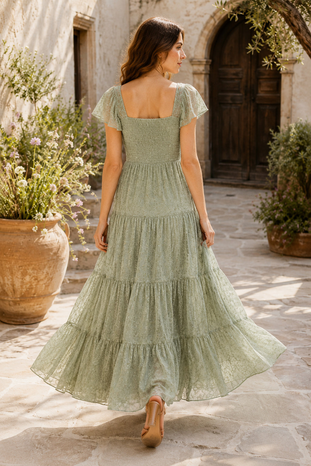 Sage Boho Wedding Guest Sheath Dress back view