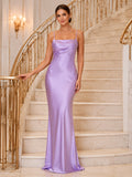 Lilac Satin Spaghetti Strap Column Formal Slip Gown front view