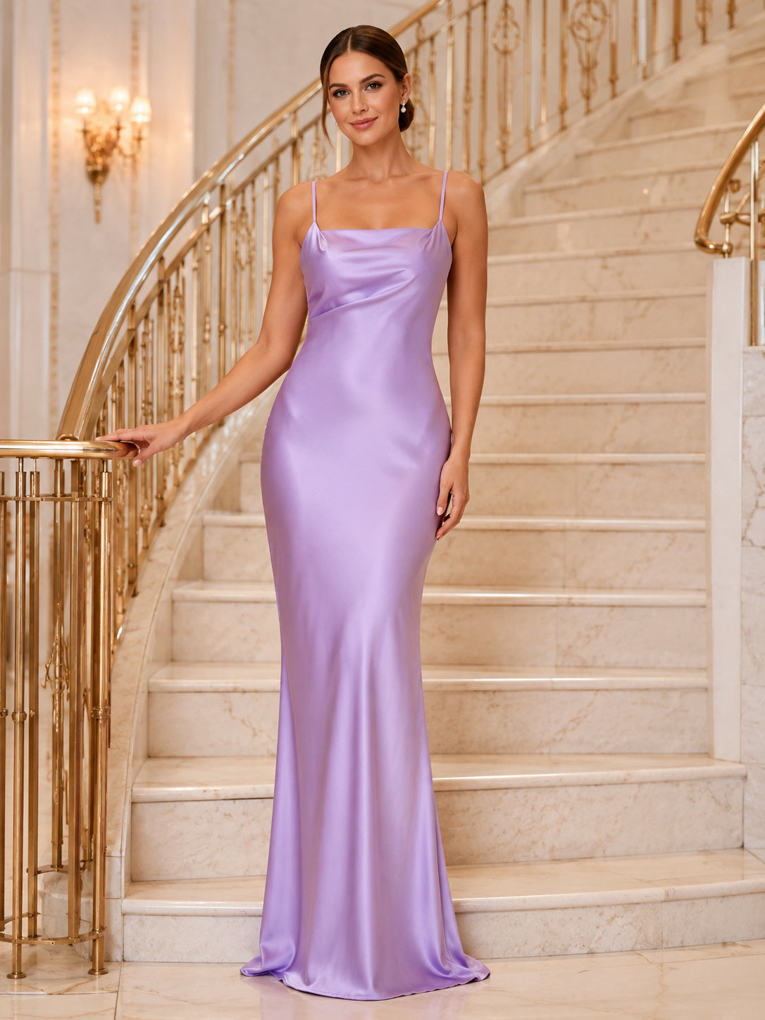 Lilac Satin Spaghetti Strap Column Formal Slip Gown front view