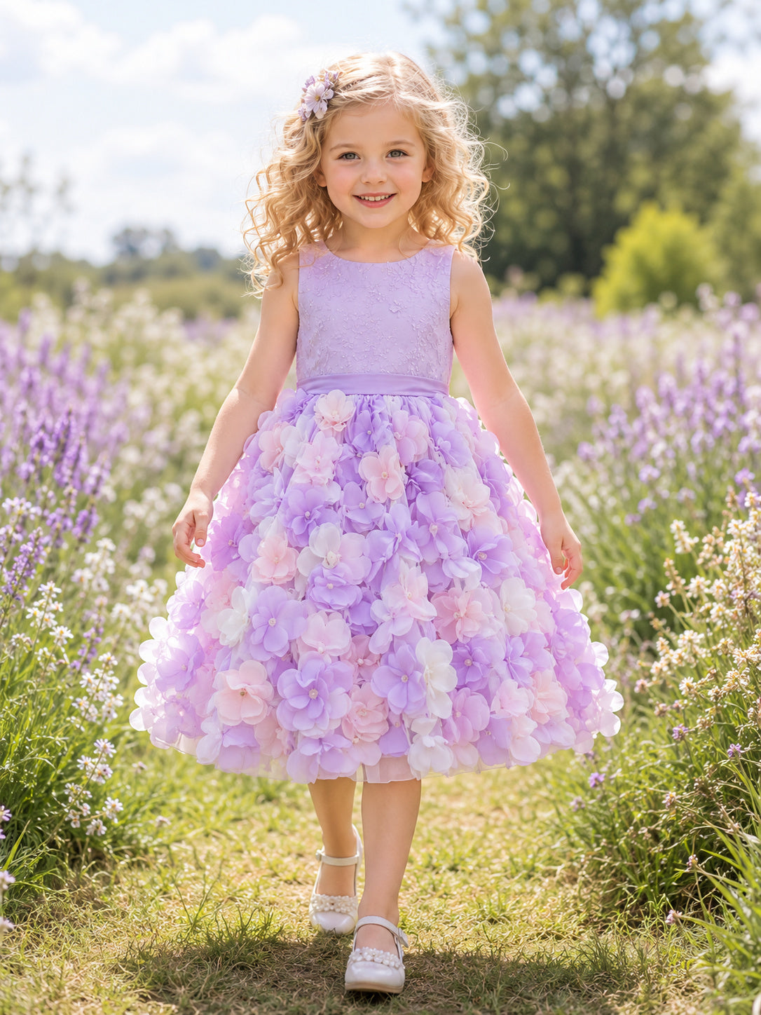 Lavender 3D Hydrangea Petal Flower Girl Dress with Sleeveless Tulle A-Line, Sculpted Floral Skirt, and Tea-Length Finish fron