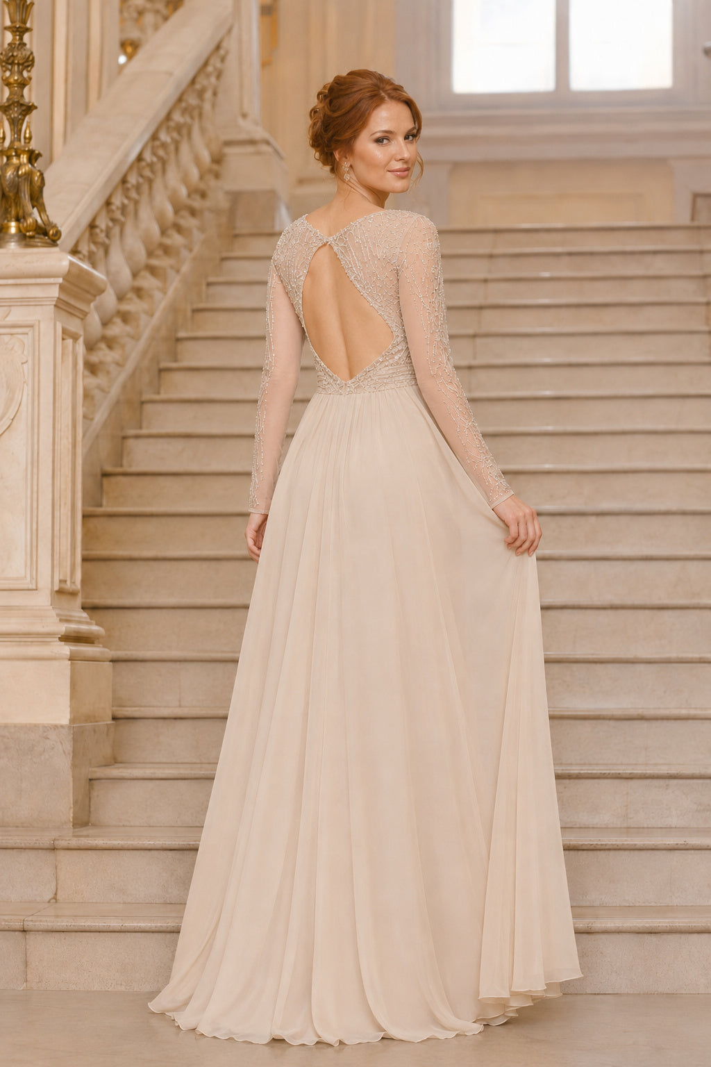Ivory Long Sleeve Lace Bodice Tulle A Line Wedding Dress With Keyhole Back Wedding Dress back view