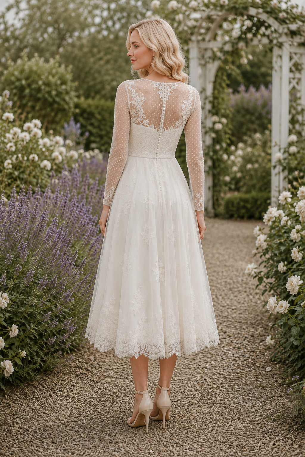 Ivory Illusion Bateau Neck Long Sleeve Lace Tulle Tea-Length Wedding Dress with Long Lace Sleeves and Scalloped Hem back view