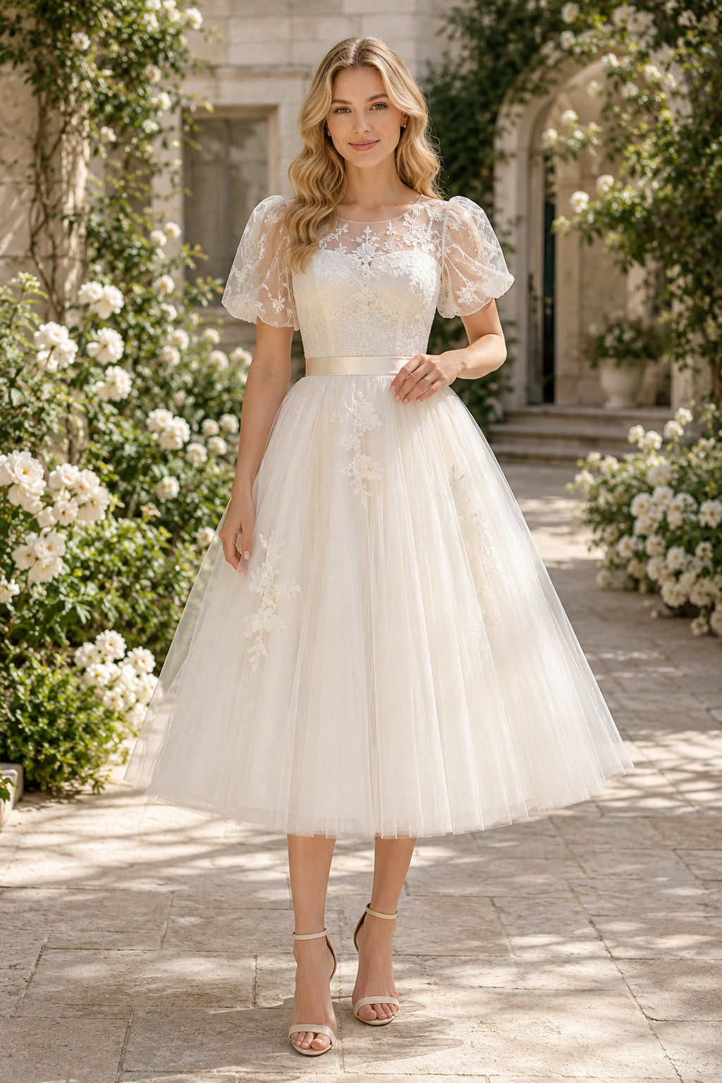 Ivory Puff Lace Sleeve Bodice with Bow Sash and Tulle Skirt Tea Length A-Line Wedding Dress front view