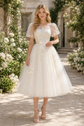 Ivory Puff Lace Sleeve Bodice with Bow Sash and Tulle Skirt Tea Length A-Line Wedding Dress front view