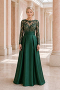 Emerald Bateau Long Sleeve A-Line Satin Floor-Length Dress With Lace Bodice