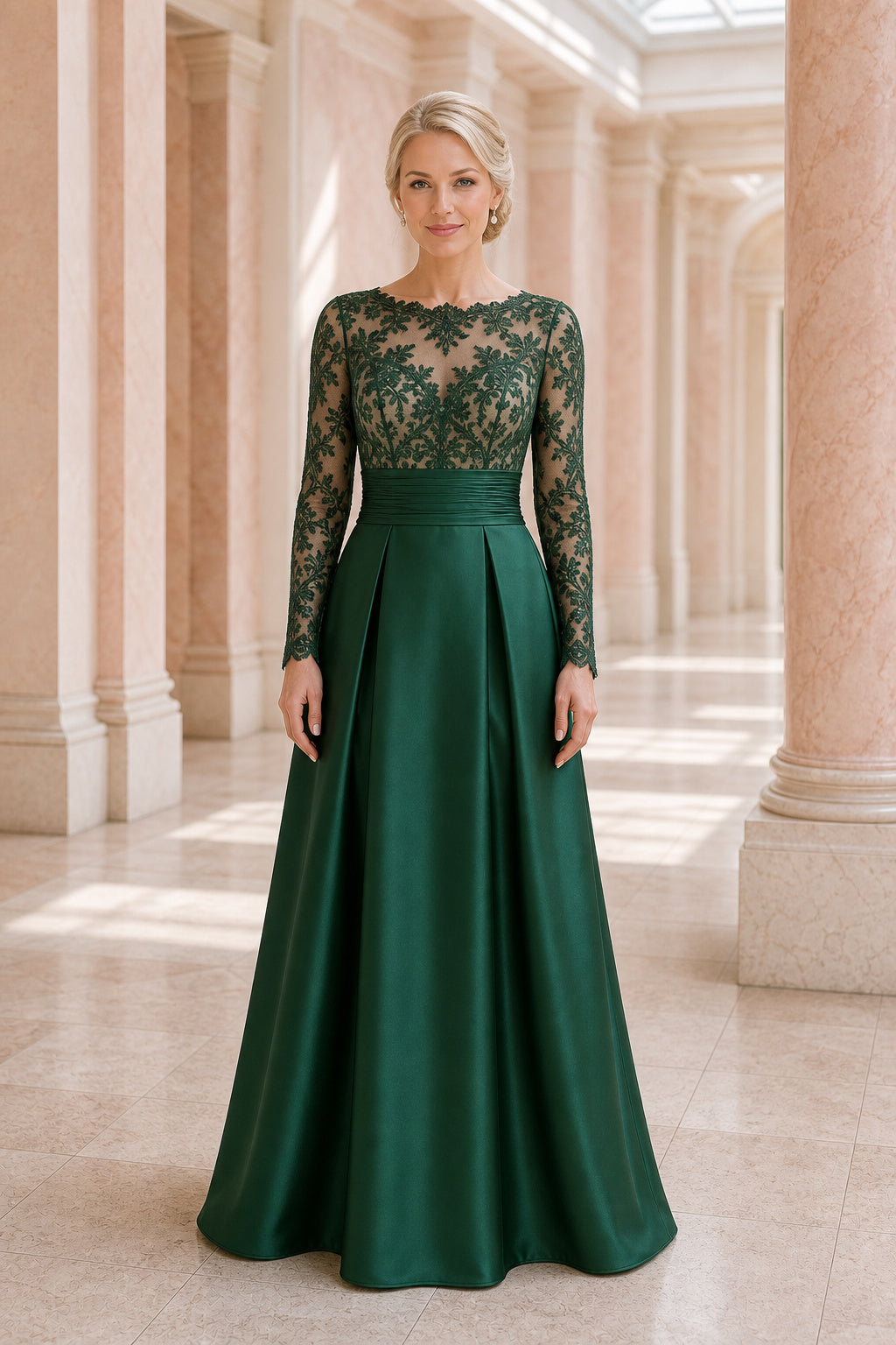Emerald Bateau Long Sleeve A-Line Satin Floor-Length Dress With Lace Bodice