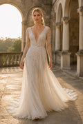 Ivory V-Neck Lace A-Line Wedding Dress with Chapel Train front view