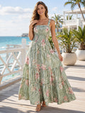 Sage Tropical Floral Square Neck Tiered Maxi Dress front view