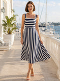 Navy stripe square neck A-line coastal marina midi dress front view