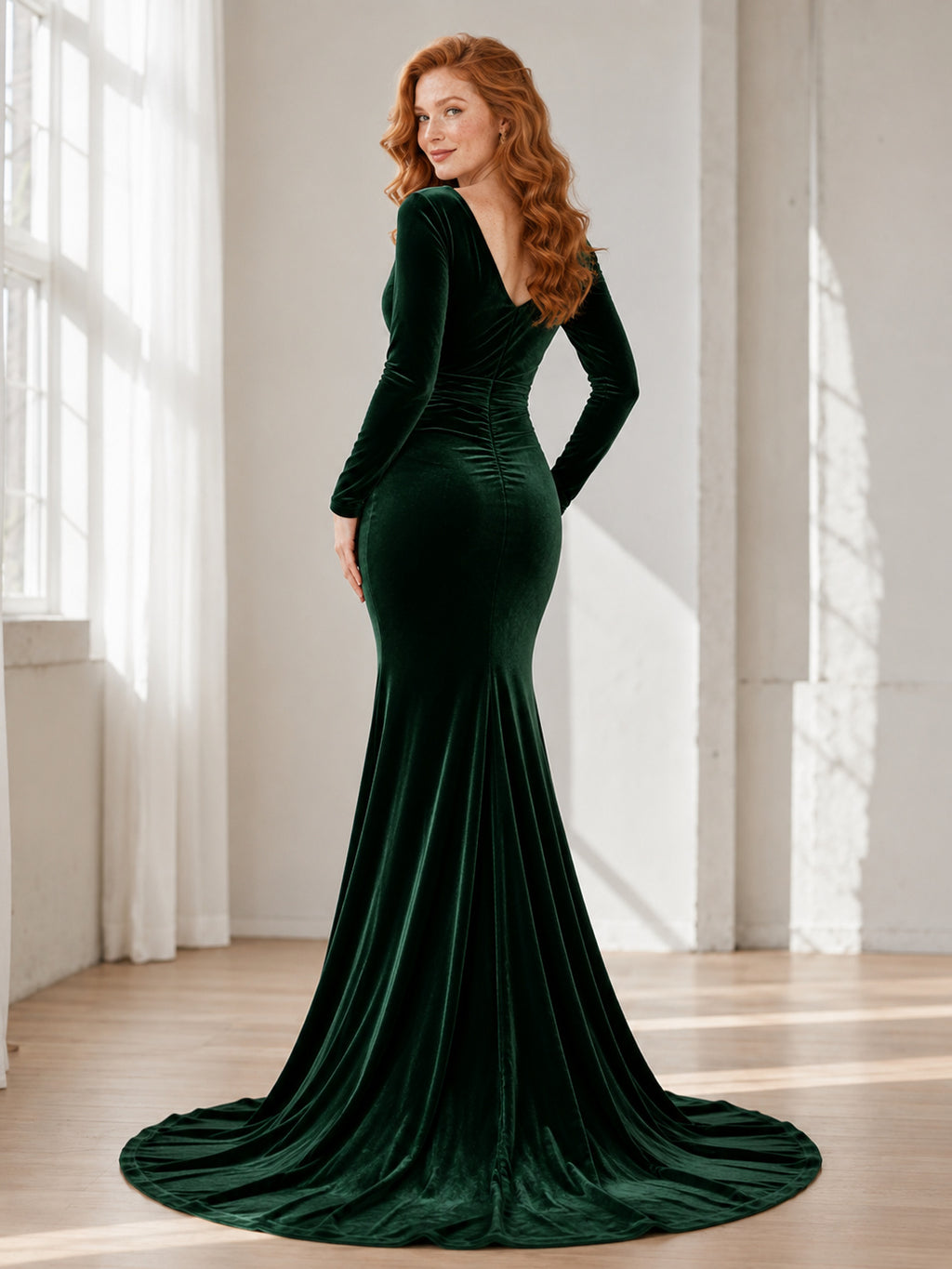 Dark Green V Neck Ruched Long Sleeve Velvet Mermaid Wedding Dress back view