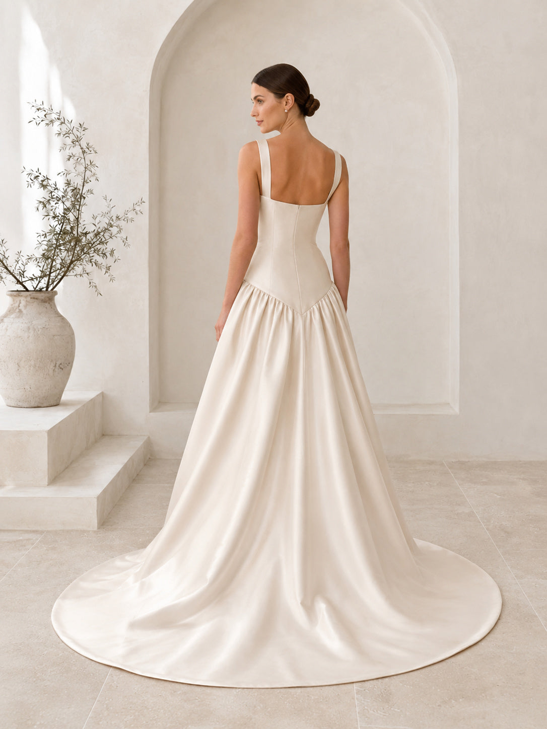 Square Neck Wide Strap Satin Ball Bridal Gown back view