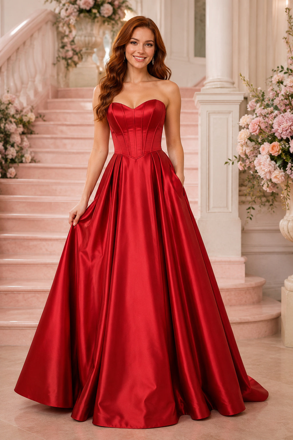 Red Strapless Satin Ball Gown with Sweetheart Corset Bodice and Full Floor Skirt front view