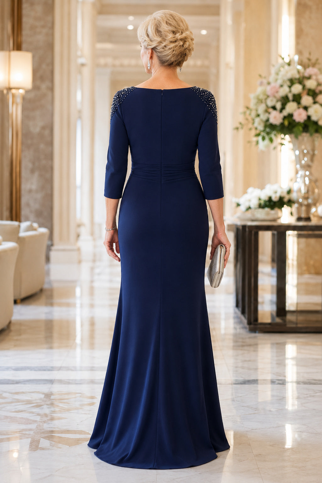 Dark Navy Bateau Sheath Mother Dress with Beaded Shoulders and Three Quarter Sleeves back view