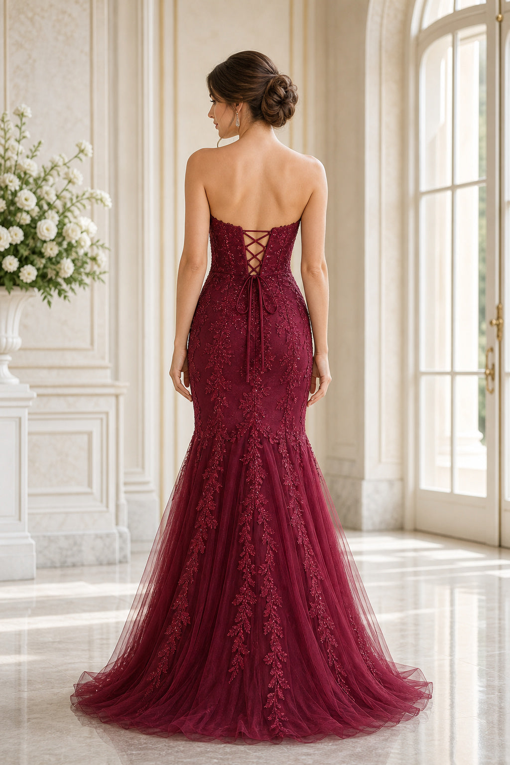 Burgundy Strapless Sweetheart Mermaid Lace Floor-Length Dress With Lace-Up Back